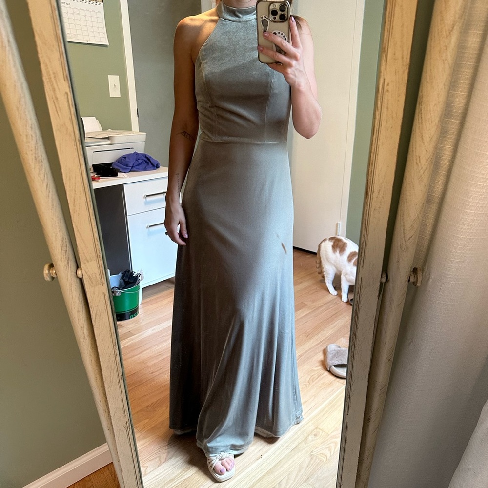 Sage green revelry velvet bridesmaid dress